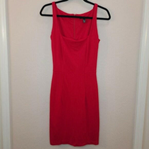MNG Suit Dresses & Skirts - MNG Suit Dress Women XS Red Knit Fitted Sheath Square Neck Stretch Career Office
